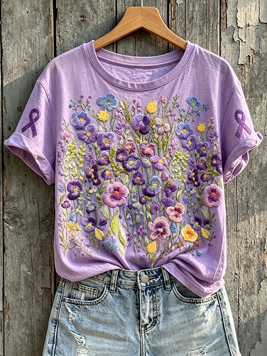 Women's Purple Awareness Floral Print Round Neck Short Sleeve T-shirt
