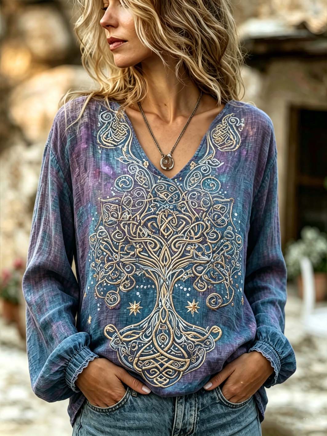 Women's retro viking style pattern printed casual cotton and linen shirt
