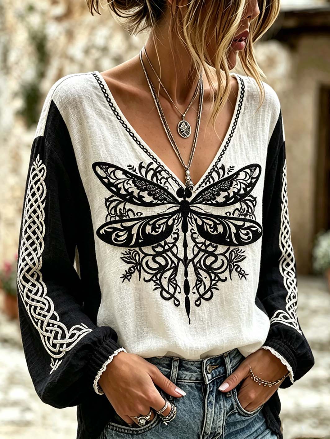 Women's retro viking style pattern printed casual cotton and linen shirt