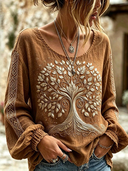 Women's retro viking style pattern printed casual cotton and linen shirt