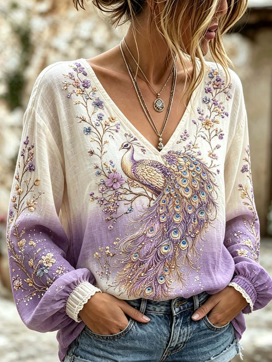 Women's Animal and Plant Flower Pattern Printed Linen Shirt