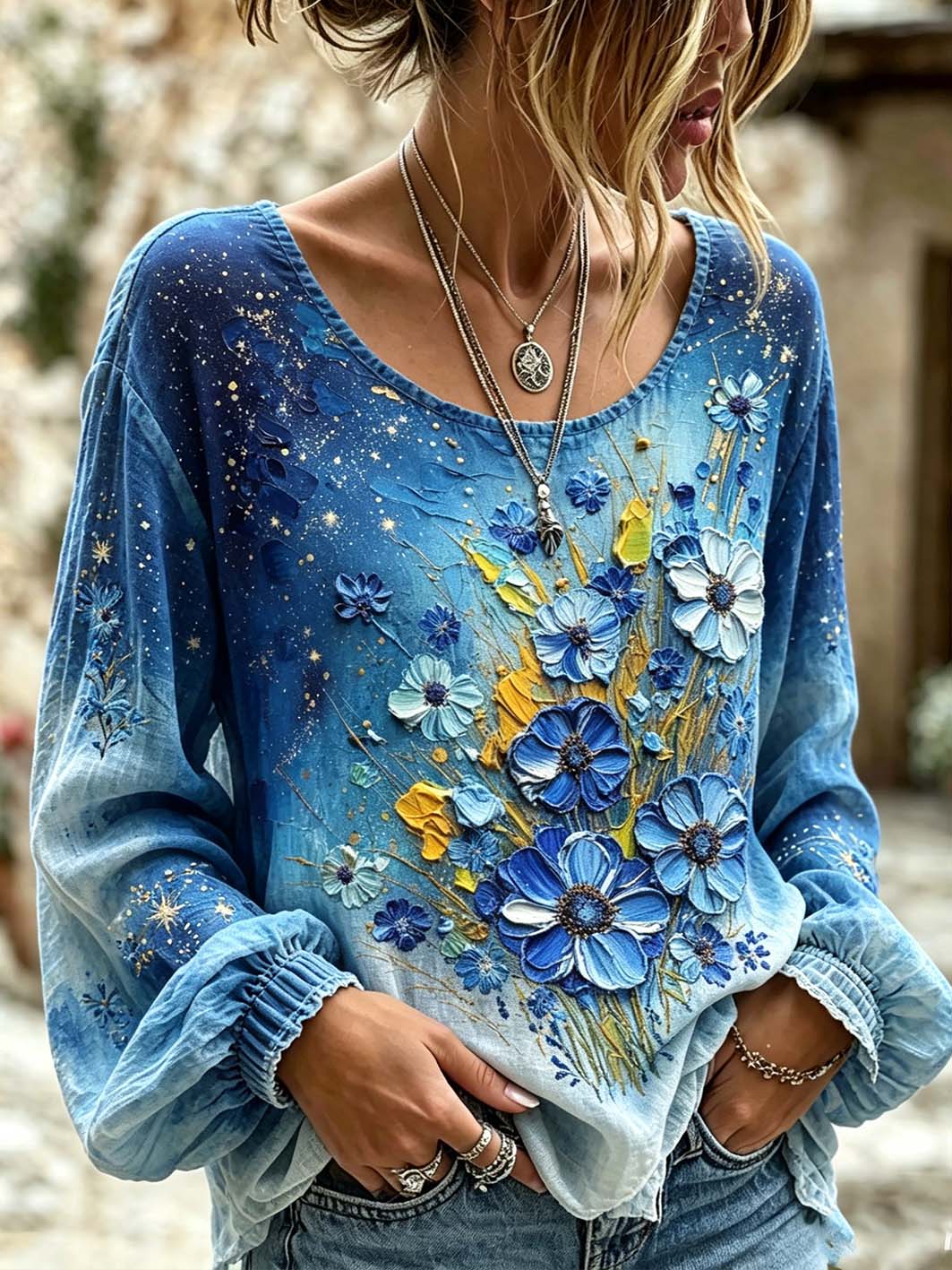 Women's  Plant Flower Pattern Print Cotton-Linen Shirt