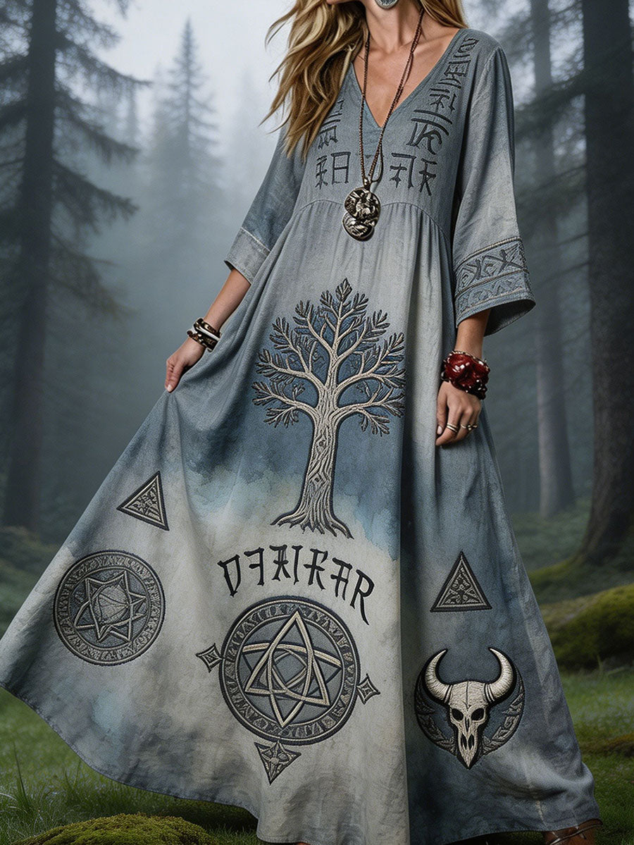 Women's Viking Style Nordic Art Printed Linen Dress