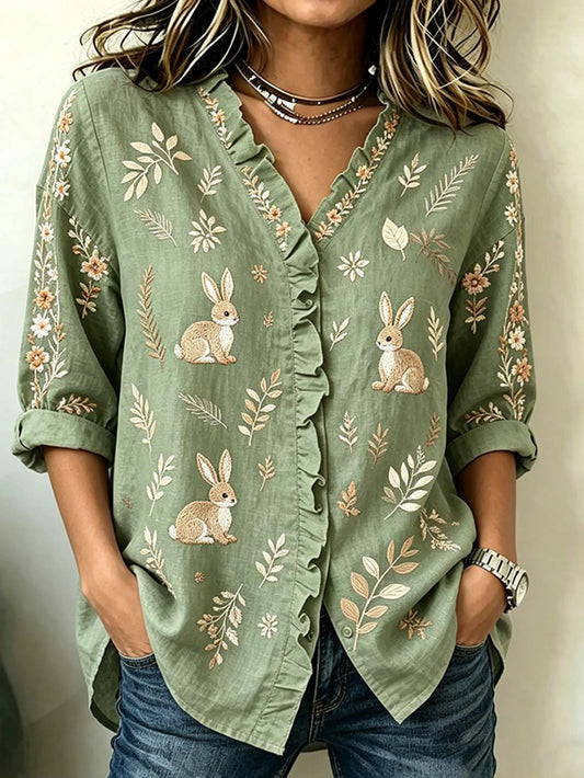Women's Rabbit Pattern Printed Leisure Cotton-Cotton Short  Sleeve Shirt