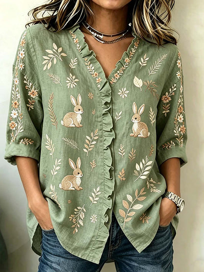 Women's Rabbit Pattern Printed Leisure Cotton-Cotton Short  Sleeve Shirt