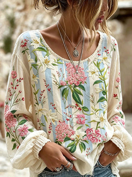 Women's  Plant Flower Pattern Print Cotton-Linen Shirt