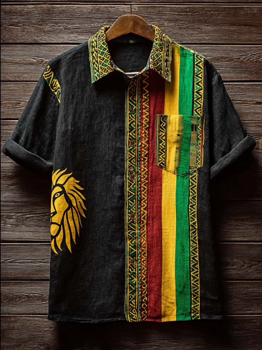 Men's retro reggae color-blocked design casual linen short-sleeve shirt