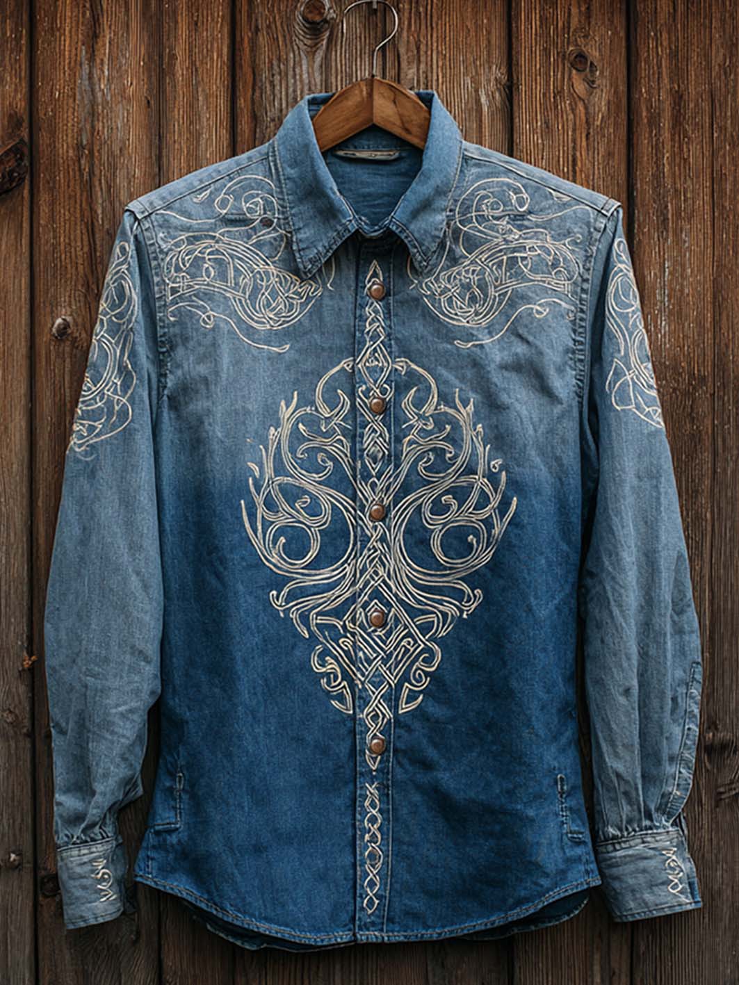 Men's Viking retro pattern printed casual cotton and linen shirt