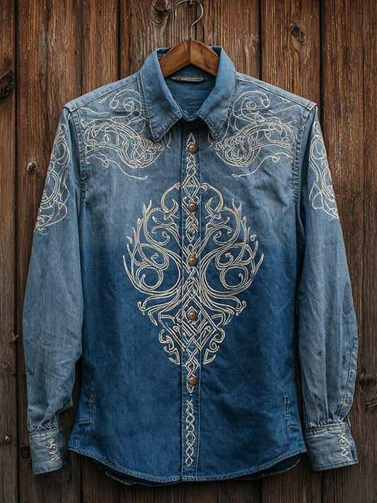 Men's Viking retro pattern printed casual cotton and linen shirt