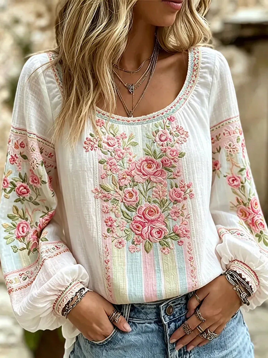 Women's Plants And Flowers Print Cotton-Linen Shirt