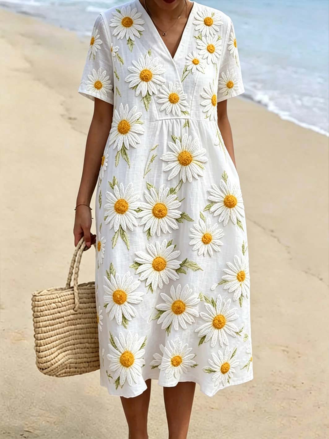 Women's small daisy pattern printed casual short-sleeved V-neck dress