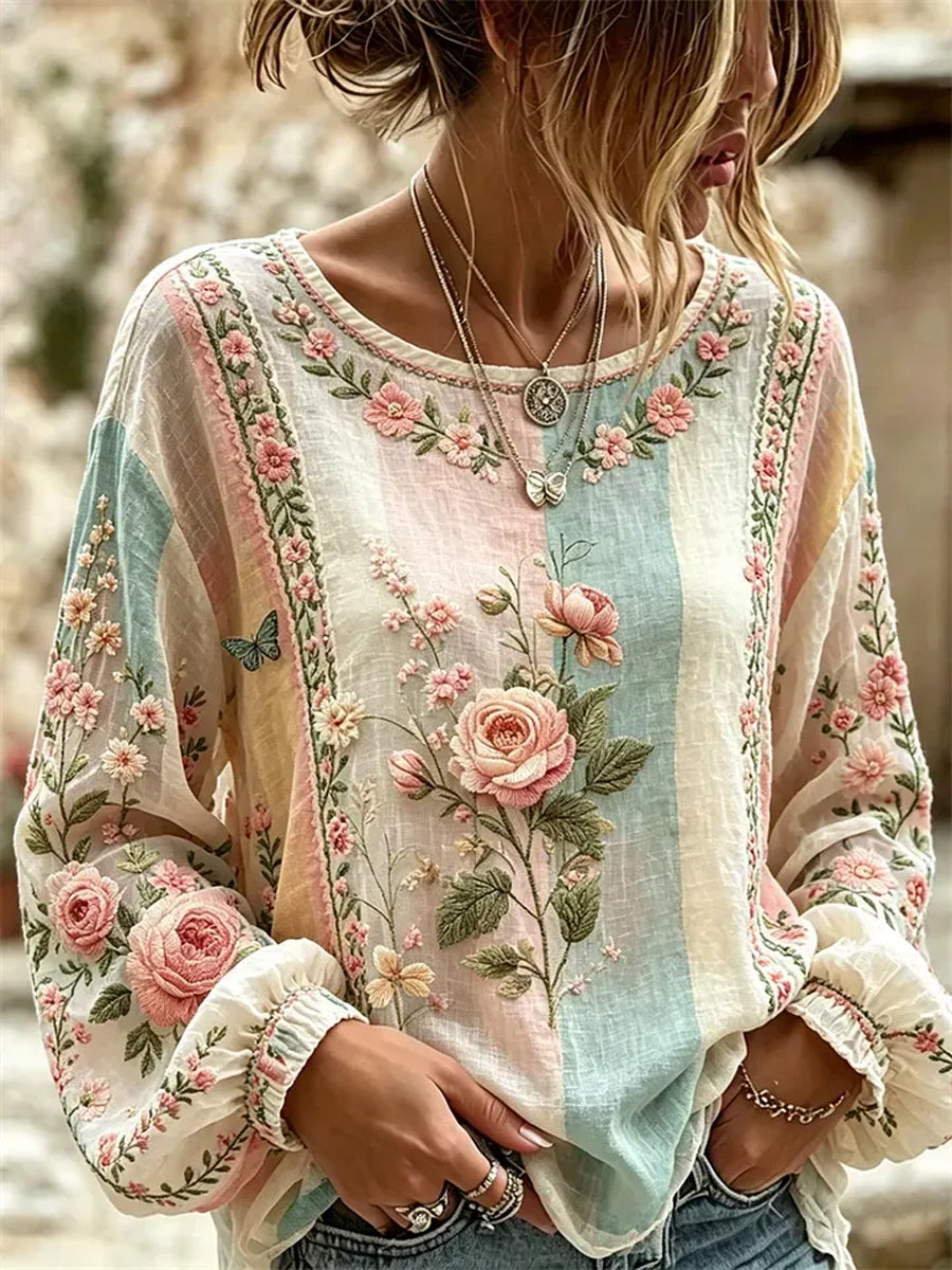 Women's Plants And Flowers Print Cotton-Linen Shirt