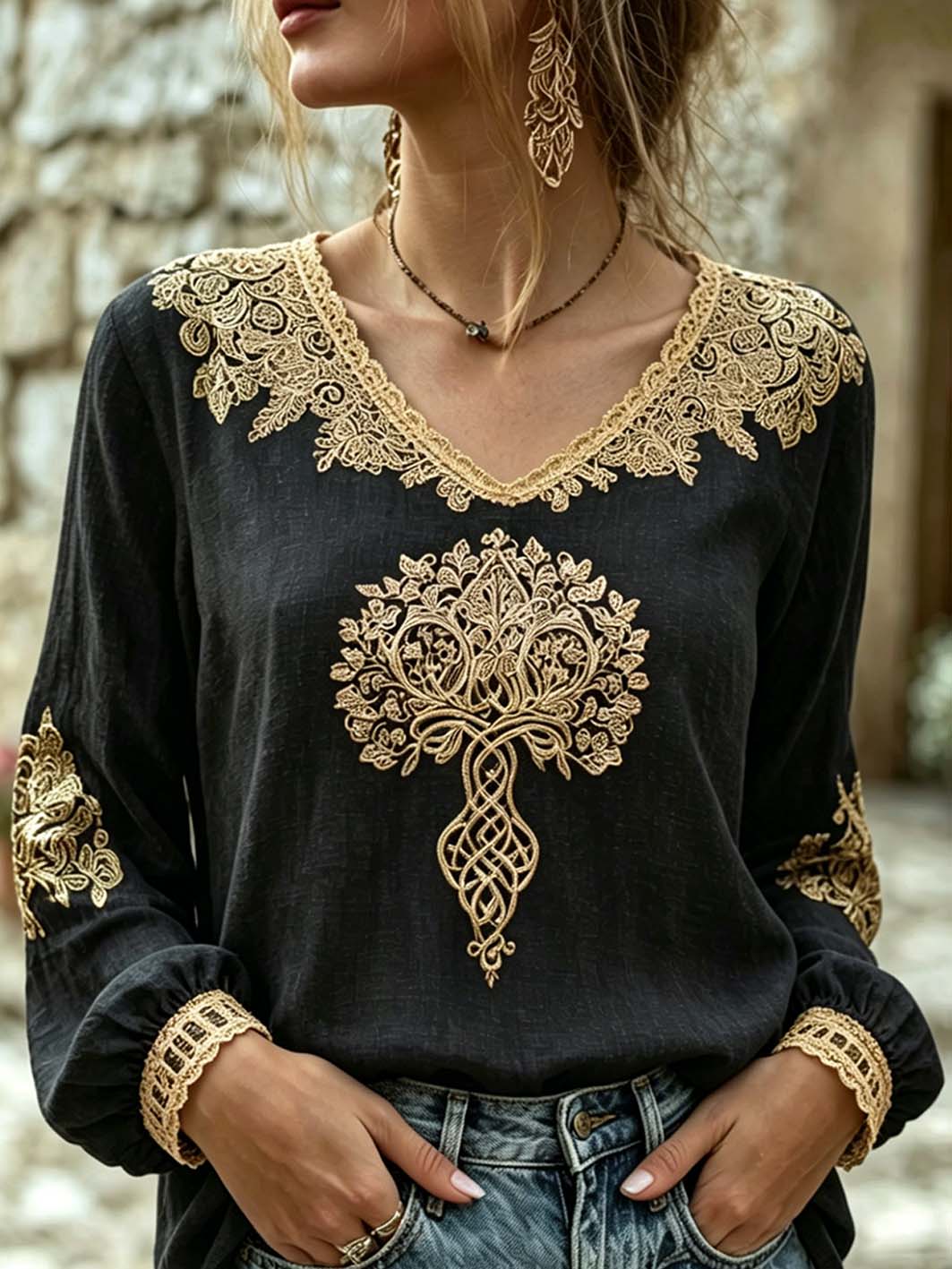 Women's Viking retro pattern printed casual cotton and linen shirt