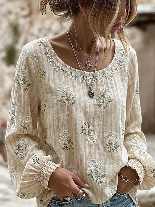Women's Plants And Flowers Print Cotton-Linen Shirt