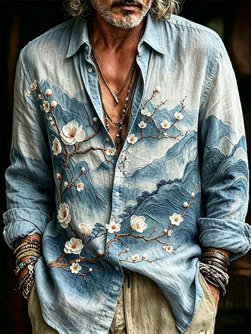 Men's Japanese Art Retro Landscape Painting Printed  Long Sleeve Shirt