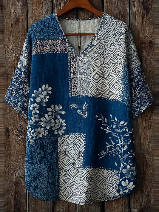 Women's Japanese Art Retro Printed Casual Cotton and Linen Shirt
