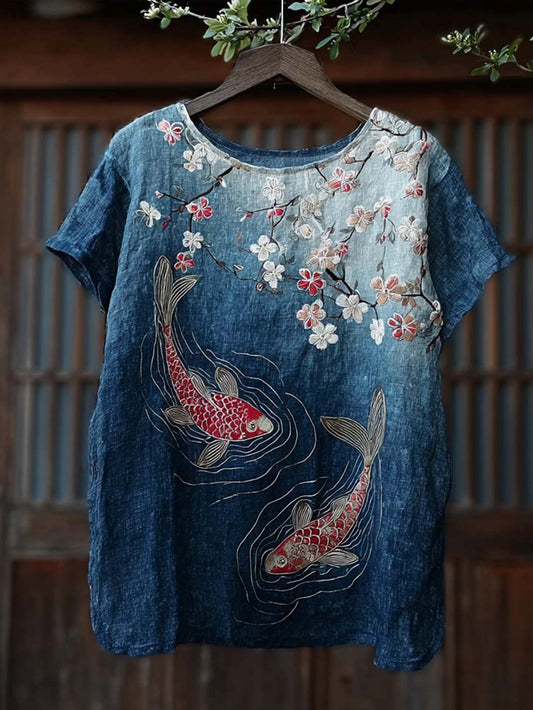 Women's Japanese Art Retro Printed Casual  Linen Short-sleeved T-shirt
