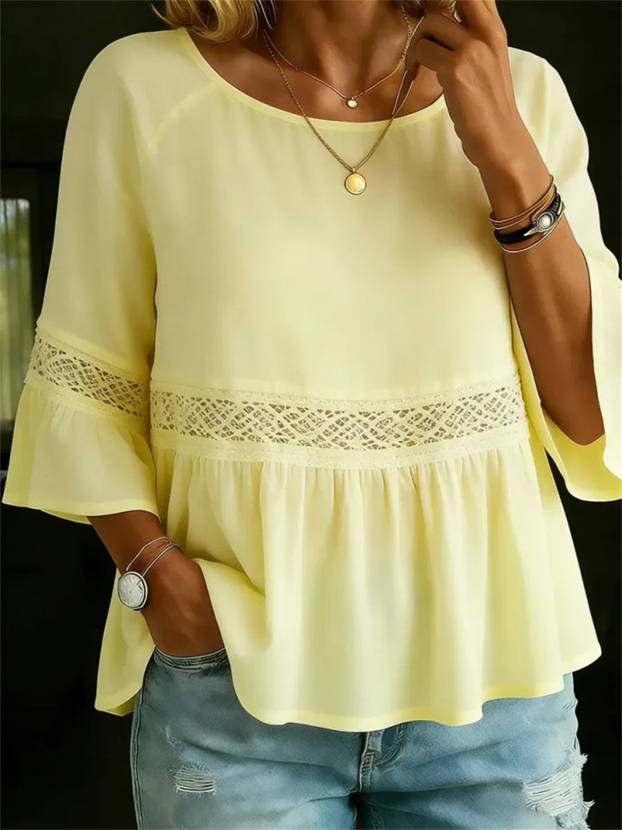 Women's Ruffle Bottom Hollow Lace Patchwork linen Tunic