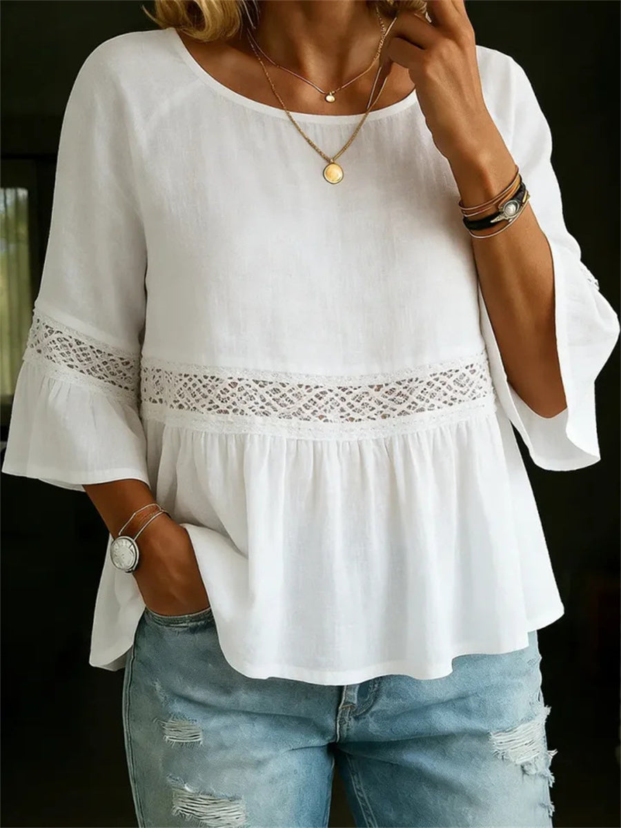 Women's Ruffle Bottom Hollow Lace Patchwork linen Tunic