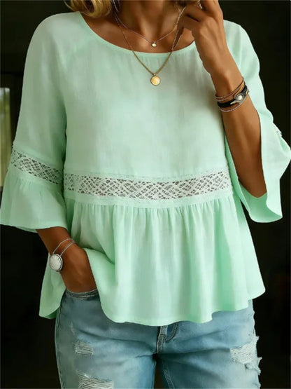Women's Ruffle Bottom Hollow Lace Patchwork linen Tunic