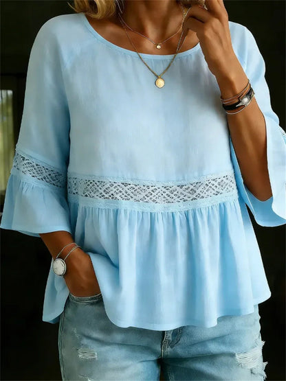Women's Ruffle Bottom Hollow Lace Patchwork linen Tunic