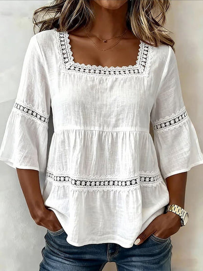 Women's Vintage Floral Lace Flare Bottom & Sleeve linen Tunic