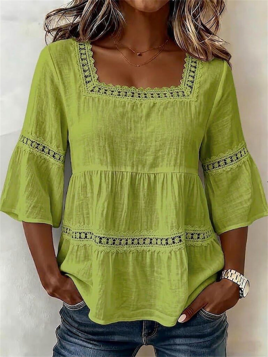 Women's Vintage Floral Lace Flare Bottom & Sleeve linen Tunic