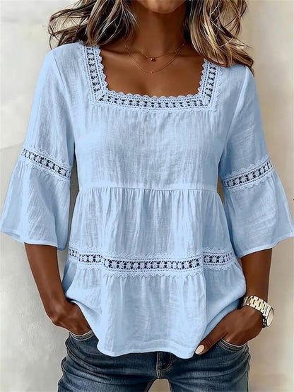 Women's Vintage Floral Lace Flare Bottom & Sleeve linen Tunic