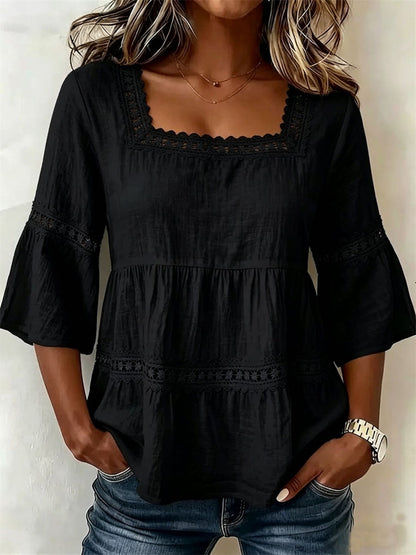 Women's Vintage Floral Lace Flare Bottom & Sleeve linen Tunic