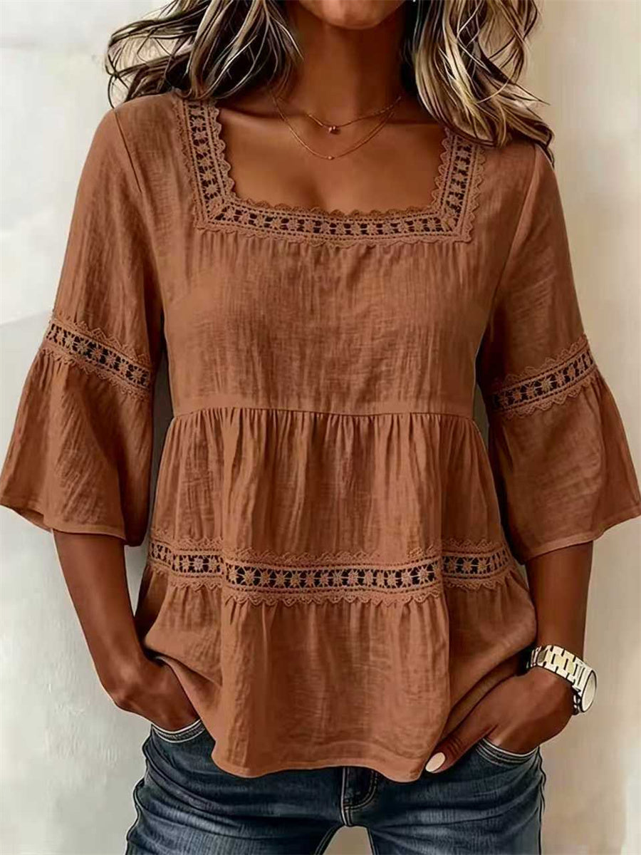 Women's Vintage Floral Lace Flare Bottom & Sleeve linen Tunic