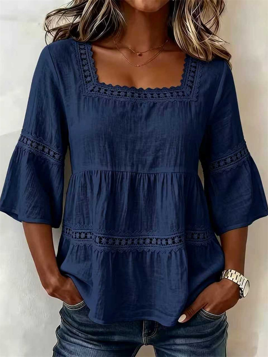 Women's Vintage Floral Lace Flare Bottom & Sleeve linen Tunic