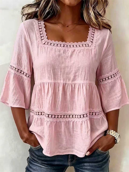 Women's Vintage Floral Lace Flare Bottom & Sleeve linen Tunic