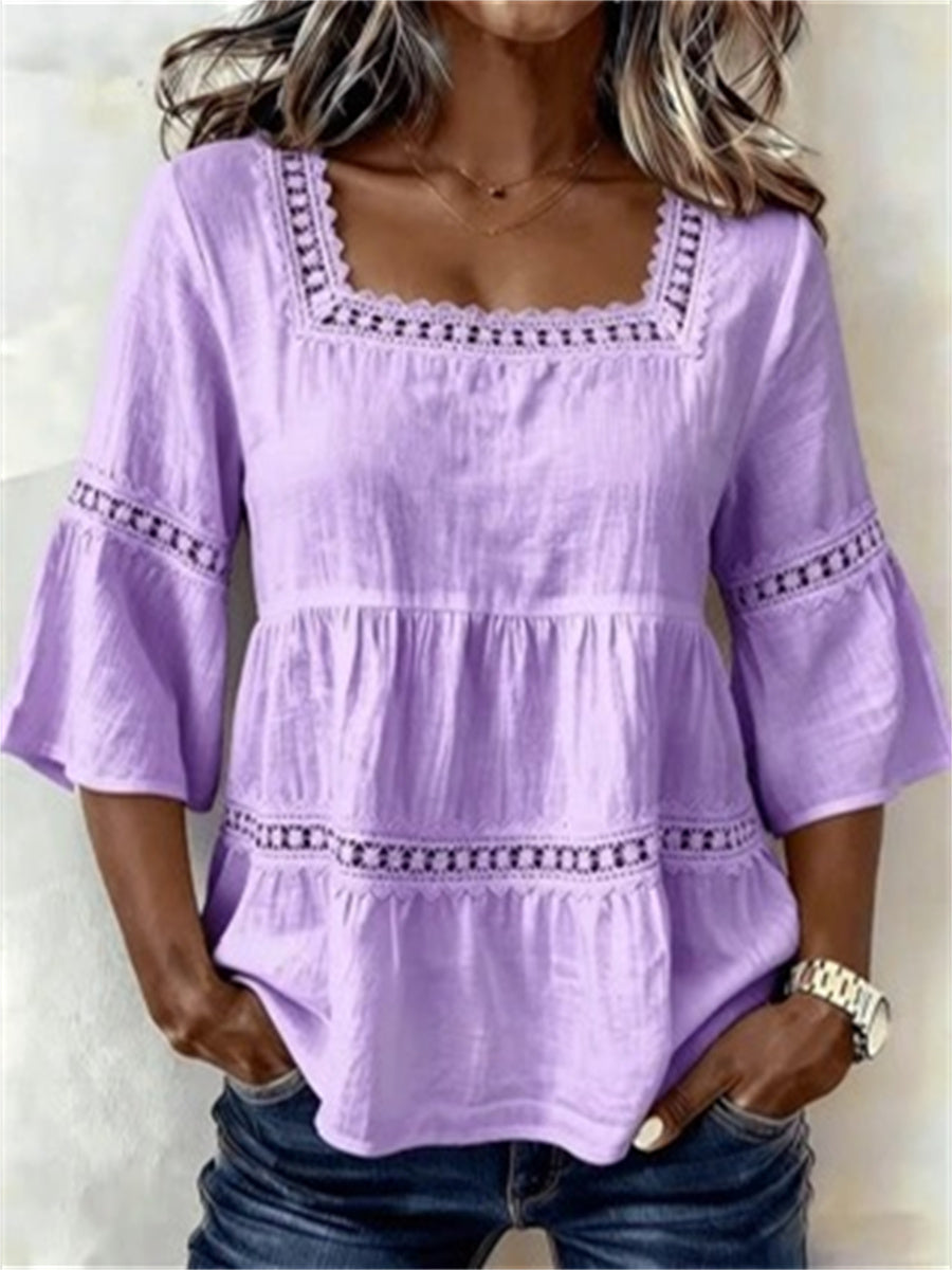 Women's Vintage Floral Lace Flare Bottom & Sleeve linen Tunic