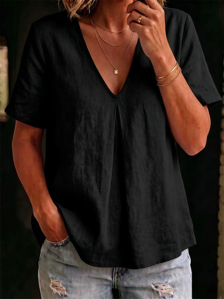 Women's Simple Mid Pinched V Neck linen short-sleeved T-shirt