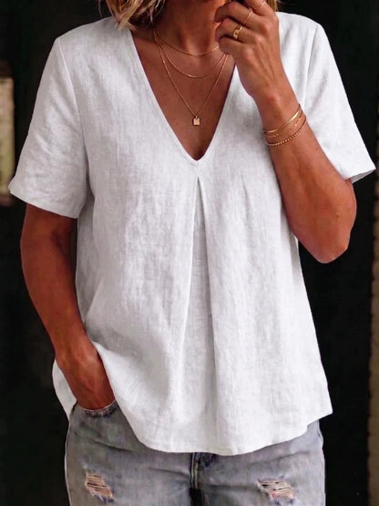 Women's Simple Mid Pinched V Neck linen short-sleeved T-shirt