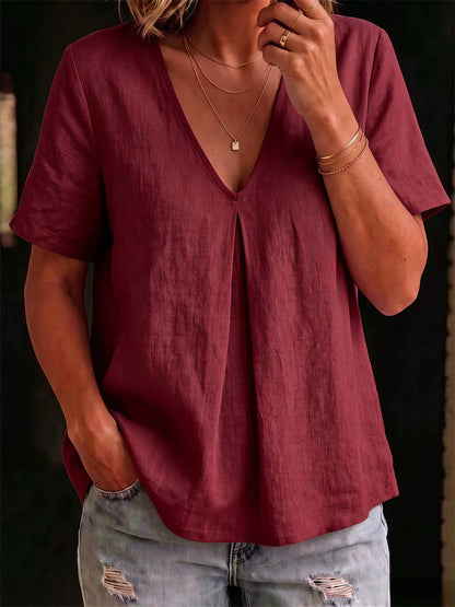 Women's Simple Mid Pinched V Neck linen short-sleeved T-shirt