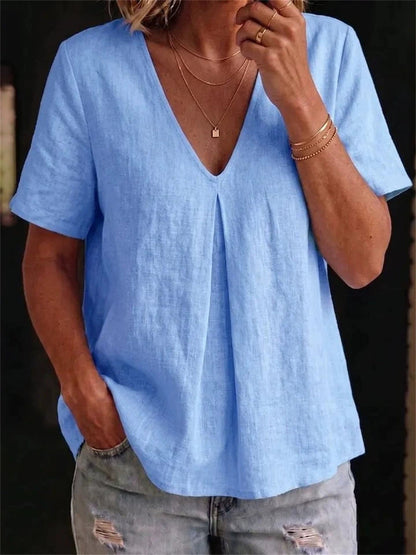 Women's Simple Mid Pinched V Neck linen short-sleeved T-shirt