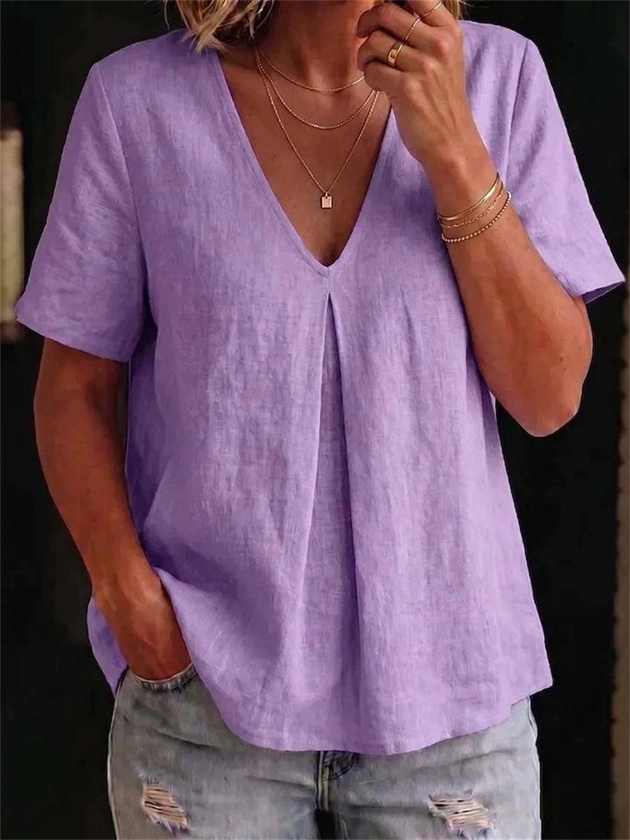 Women's Simple Mid Pinched V Neck linen short-sleeved T-shirt