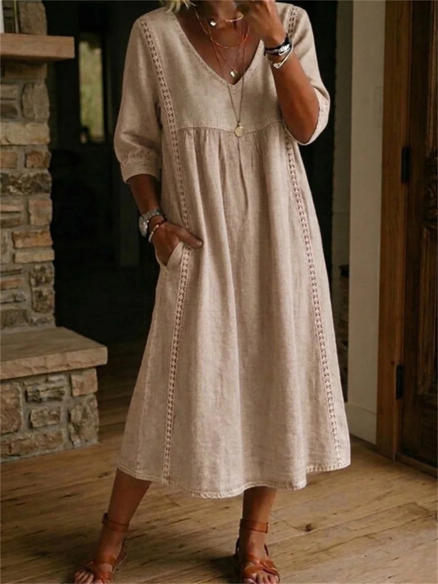 Women's Simple Lace Patchwork Pleated Mid Sleeve Maxi Dress