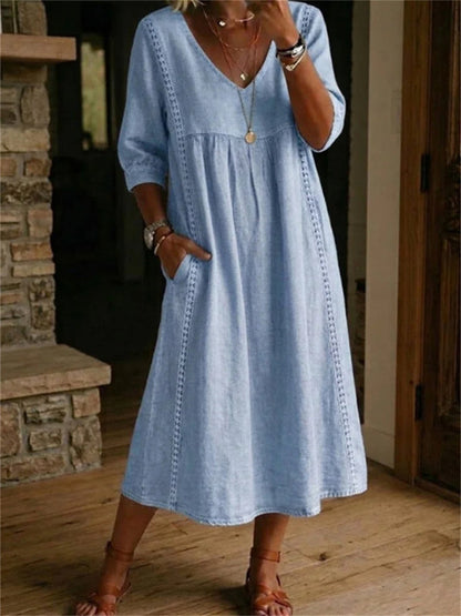 Women's Simple Lace Patchwork Pleated Mid Sleeve Maxi Dress