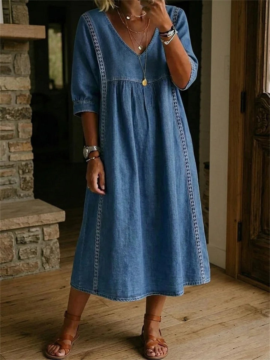 Women's Simple Lace Patchwork Pleated Mid Sleeve Maxi Dress