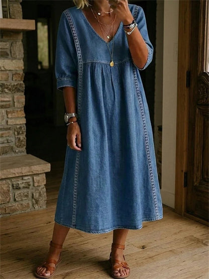 Women's Simple Lace Patchwork Pleated Mid Sleeve Maxi Dress
