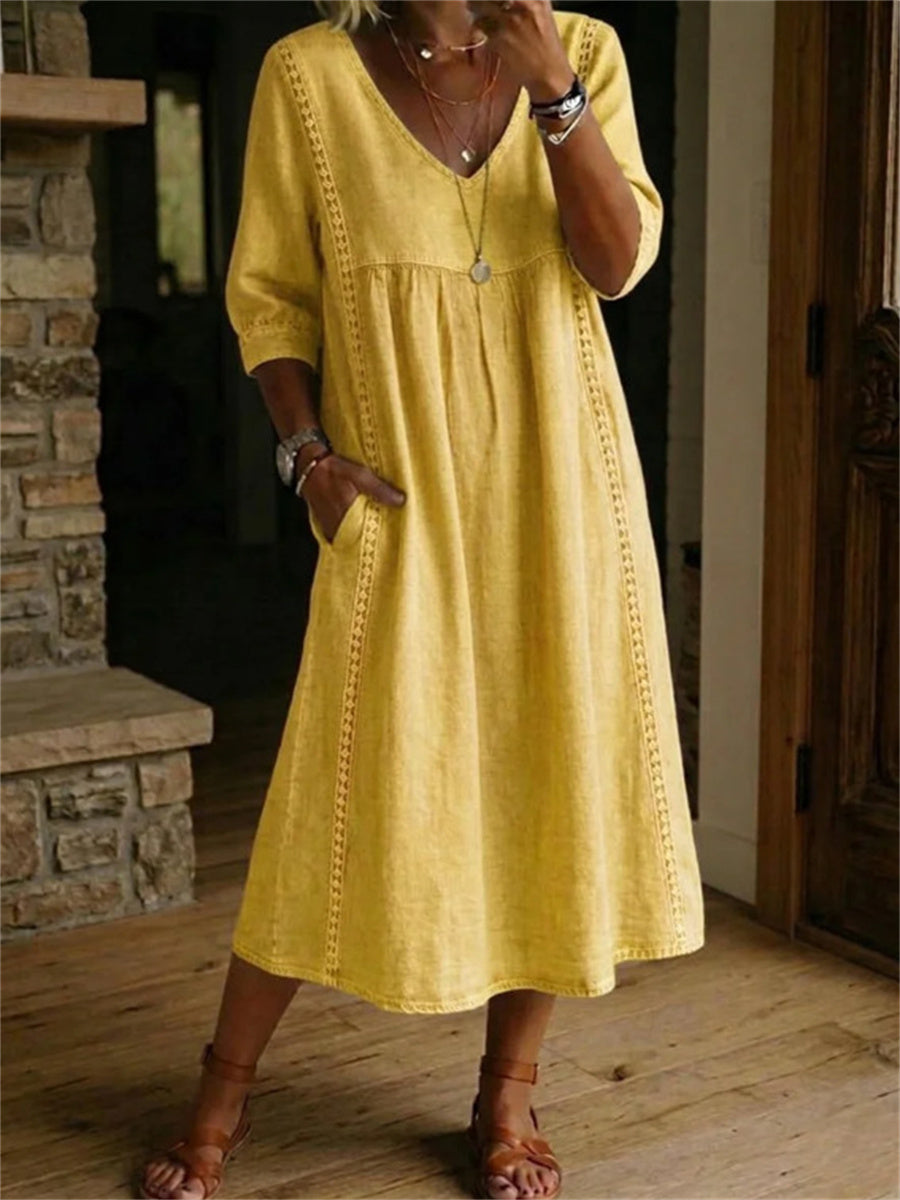 Women's Simple Lace Patchwork Pleated Mid Sleeve Maxi Dress