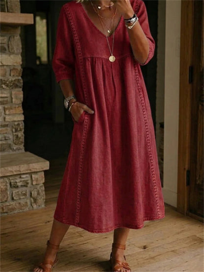 Women's Simple Lace Patchwork Pleated Mid Sleeve Maxi Dress
