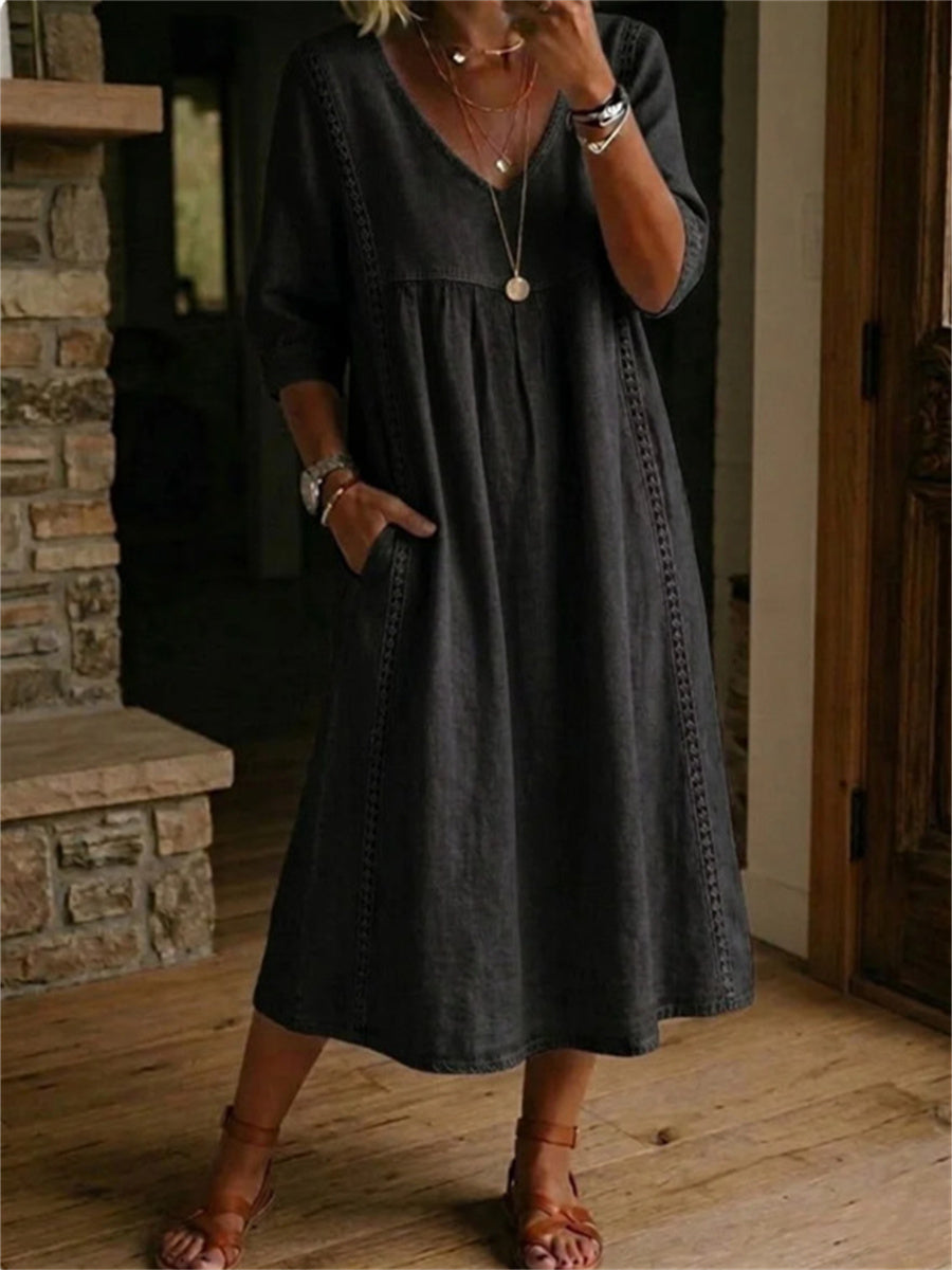 Women's Simple Lace Patchwork Pleated Mid Sleeve Maxi Dress