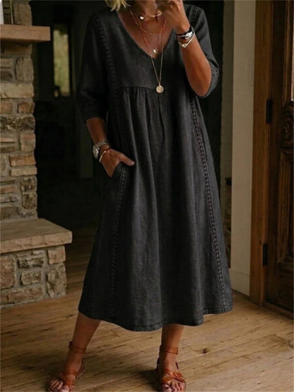 Women's Simple Lace Patchwork Pleated Mid Sleeve Maxi Dress