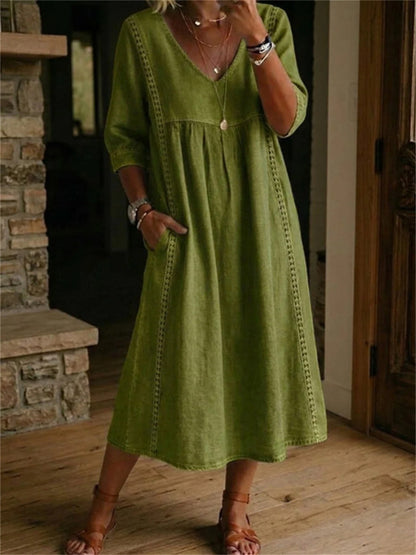 Women's Simple Lace Patchwork Pleated Mid Sleeve Maxi Dress