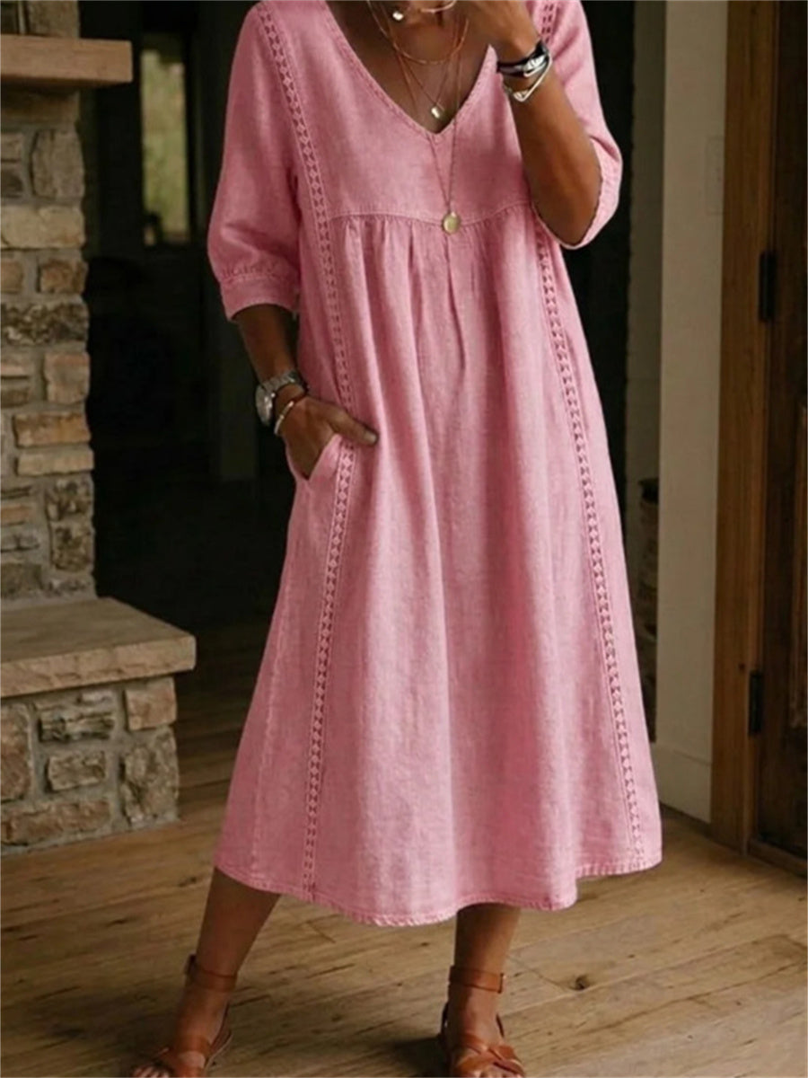 Women's Simple Lace Patchwork Pleated Mid Sleeve Maxi Dress