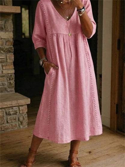 Women's Simple Lace Patchwork Pleated Mid Sleeve Maxi Dress
