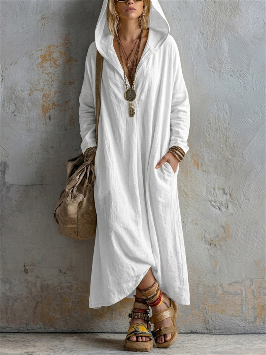 Women's Simple Casual Hooded Linen Maxi Dress